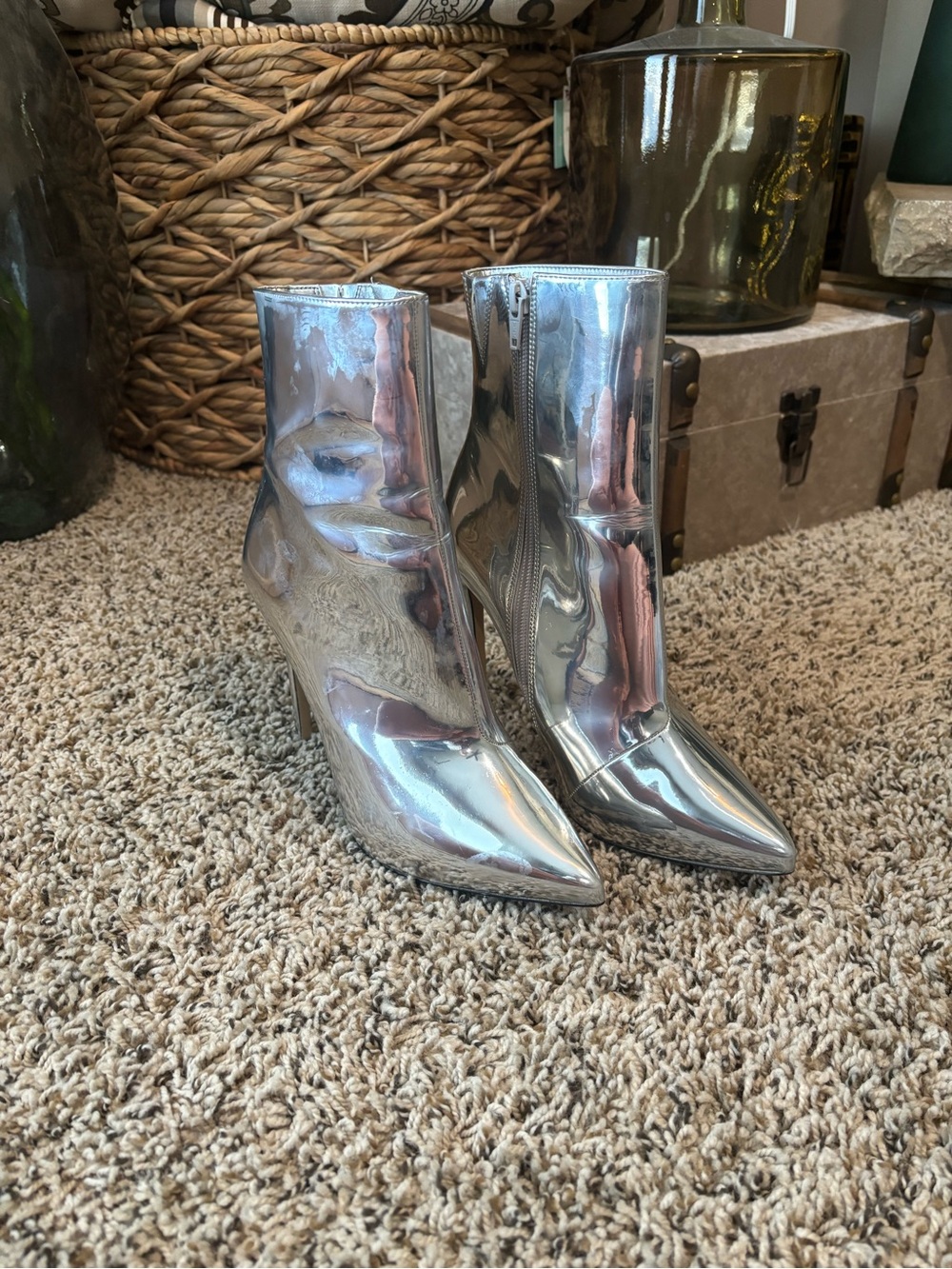 Metallic Silver Pointed-Toe Women’s Ankle Boots